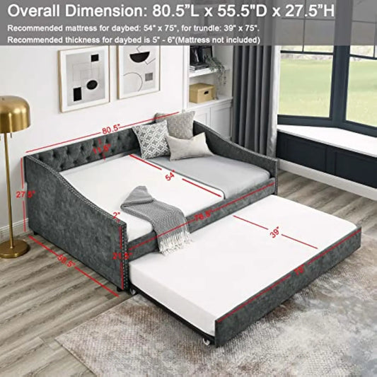 Daybed with Trundle, Modern Linen Upholstered Full Size Day Bed Button-Tufted Sofa Daybed Frame and A Trundle, No Box Spring N