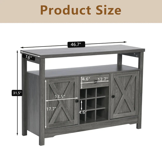 Gray Coffee Bar Cabinet With Storage, 47” Farmhouse Coffee Station With Barn Door And Wine Rack, Coffee Bar Buffet Cabinet With