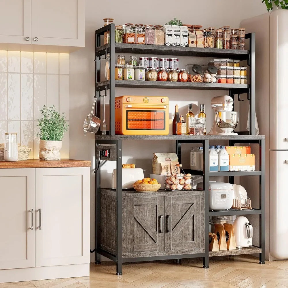 Bakers Rack with Power Outlet, 6-Tier Microwave Stand with Storage Cabinet, Farmhouse Kitchen Coffee Bar with Side Hooks