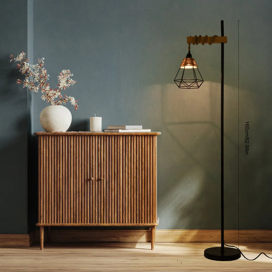 Bymaocar 110V Retro Smart Floor Lamp Durable Tall Standing Lamp Adjustable Height with Rattan Lampshade & Extended Power Cord
