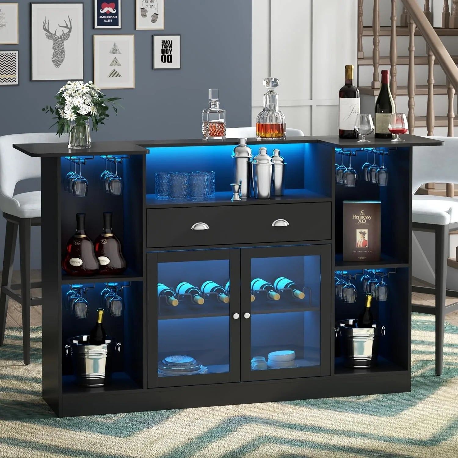 Loomie Bar Table Cabinet with LED & Drawer, Mini Liquor Bar with 8-Tier Storage & Stemware Holder, Wine Alcohol Bar Stand