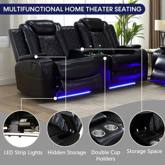 Leather Recliner Sofa Set, Power Reclining Sofa with USB Port, Wireless Charger, Storage Console, Cup Holder Theater Black Sofas