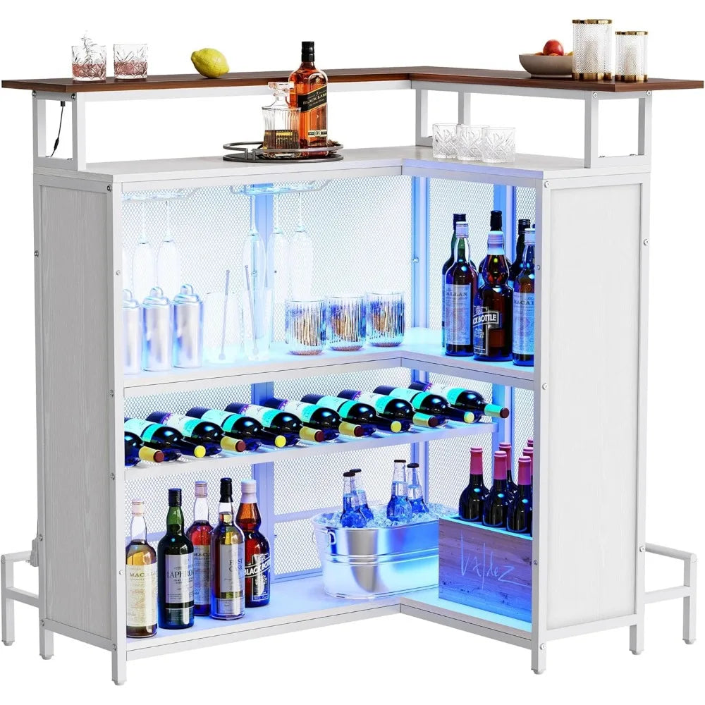 L Shaped Mini Home Bar Unit for Living Room with Music Sensing LED Light, Tall Bars Furniture Table with Wine Rack Alco