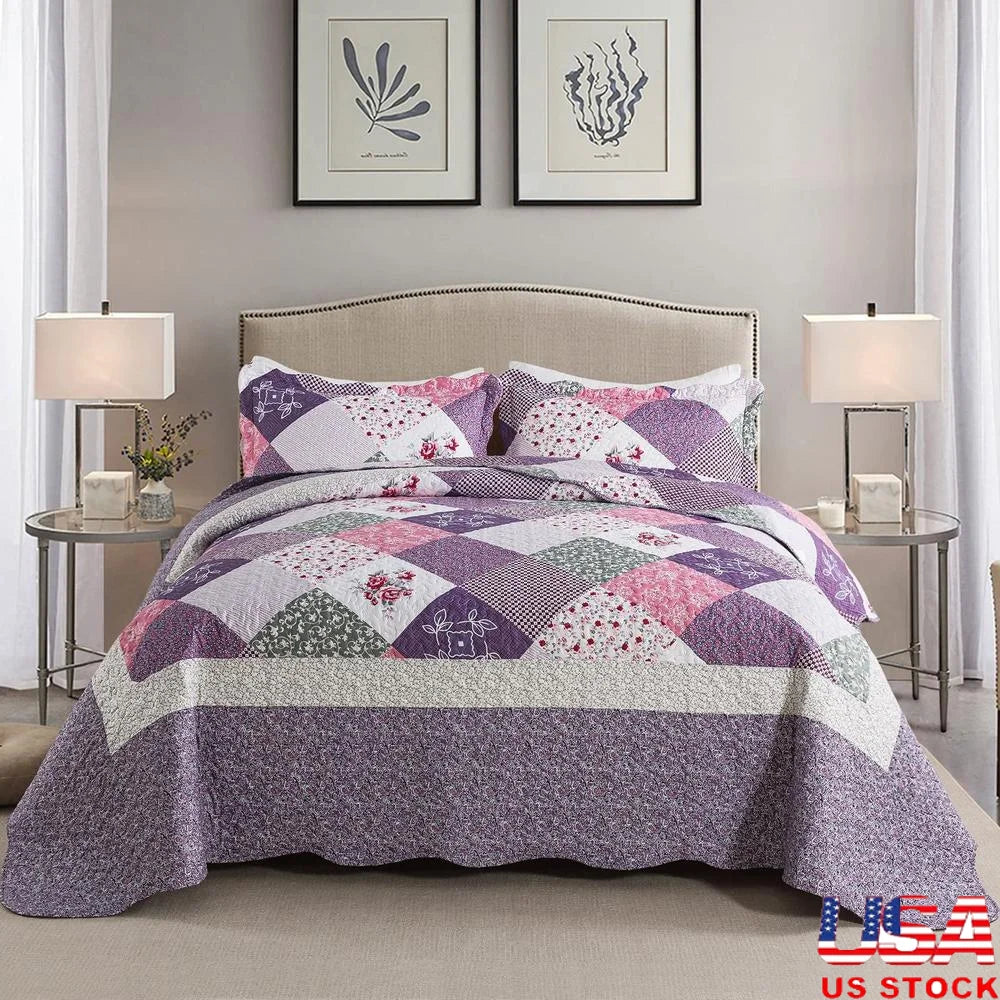 King Size 3 Piece Microfiber Quilt Set Reversible Floral Bedspread Patchwork Coverlet All Season Lightweight Bedding Pets and