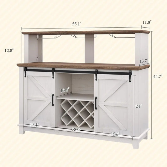 FarmhouseCoffee Bar Cabinet with LEDLights,Buffet Cabinet with Storage&Wine Racks,Home Liquor Cabinet with AdSliding Barn Doors