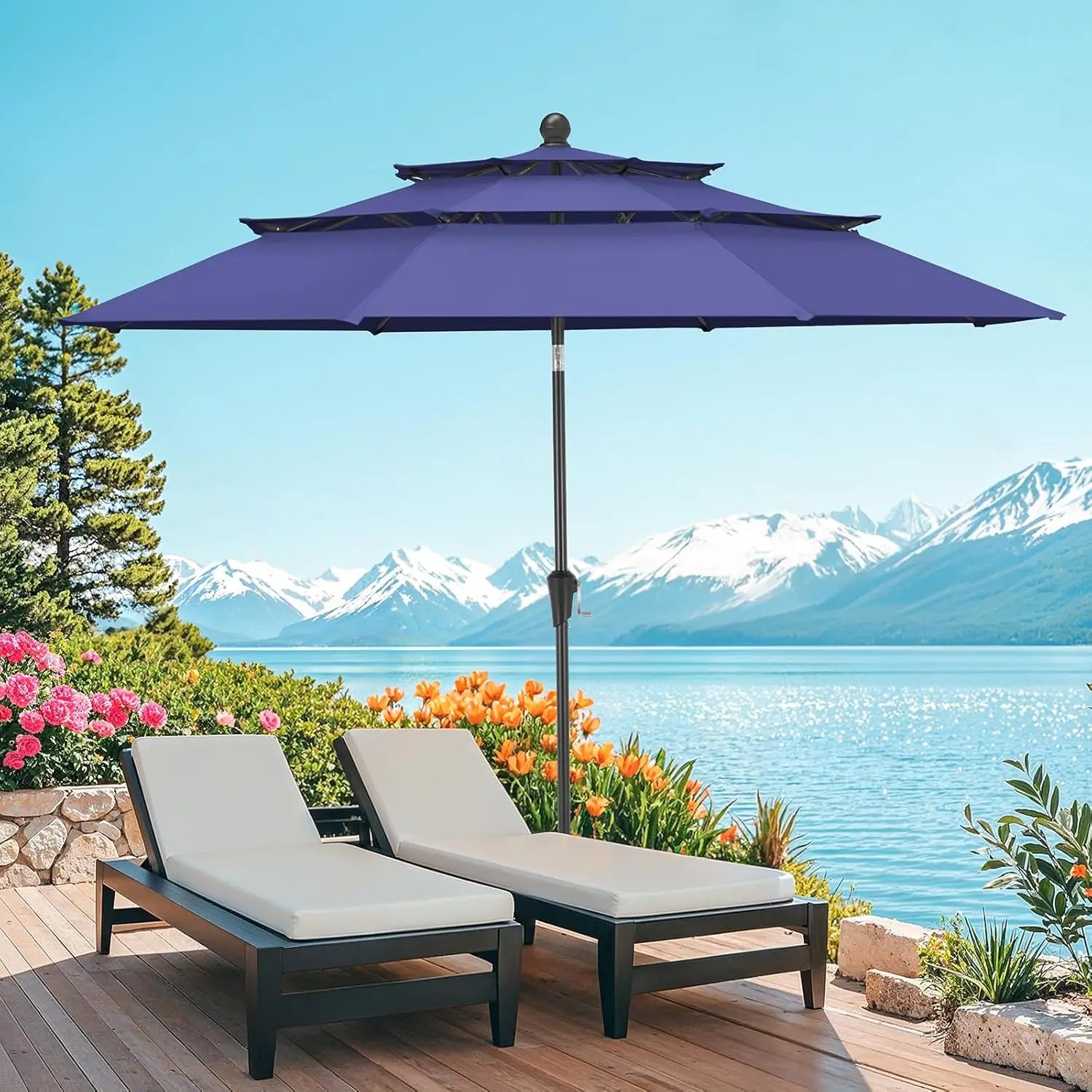 10 Ft Patio Umbrella, 3 Tier Outdoor Table Umbrella With 8 Sturdy Glass Fiber Ribs And Push Button Tilt, Outdoor Patio