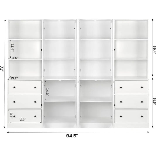 3-Tier Modern Bookshelf with 3 Large Drawer, Wood Filing Cabinet with Open Storage Shelf, Glass Doors and Fixed Storage Shelves