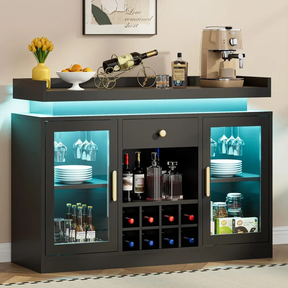 Wine Bar Cabinet with LED Light, Home Coffee Cabinet with Wine and Glass Rack, Storage Shelves, 1 Drawer, Modern Freestanding Li
