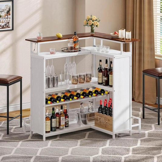 L Shaped Mini Home Bar Unit for Living Room with Music Sensing LED Light, Tall Bars Furniture Table with Wine Rack Alco