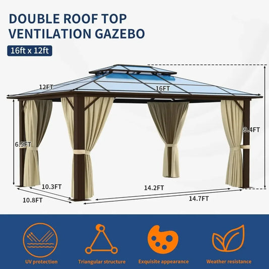 Gazebo, 12'x16' Hardtop Outdoor Polycarbonate Double Roof Canopy, Aluminum Frame Permanent Pavilion, Lawns, Gazebo