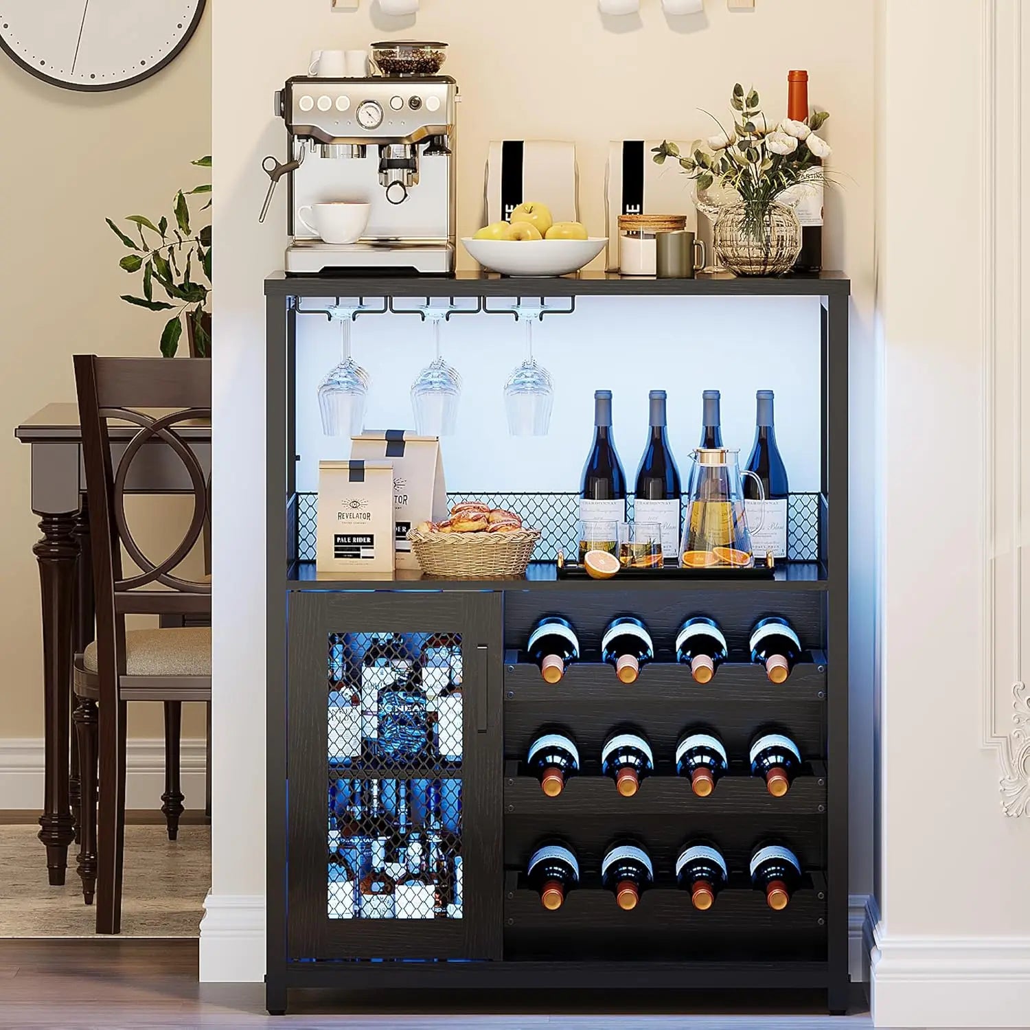 3-Tier Wine Bar Cabinet With Led Lights, Detachable Wine Rack And Storage Space, Buffet Cabinet With Glass Holder And Mesh
