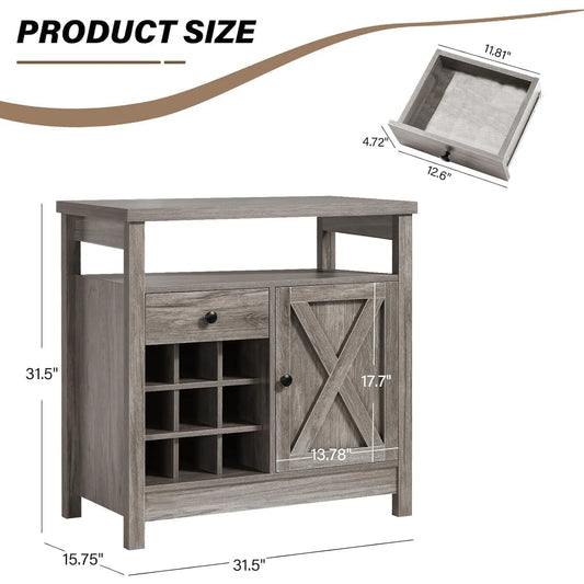 Farmhouse Coffee Bar Cabinet with Storage, 32 inch Coffee Bar Table with Barn Door and 9 Wine Racks, Coffee Bar Accessories