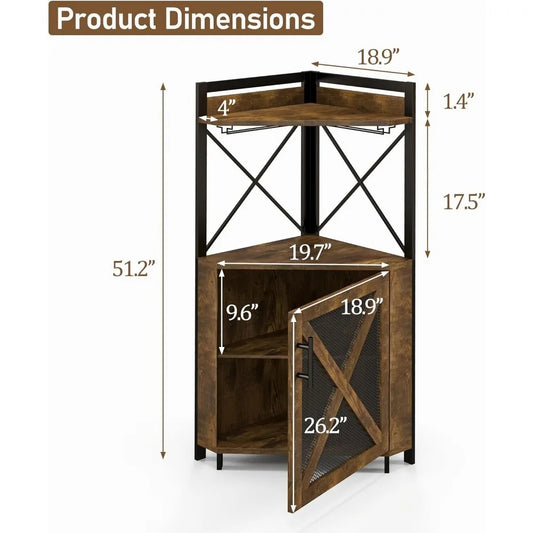 Farmhouse Corner Wine Cabinet with Storage, Wine Bar Cabinet with Glass Holder, Liquor Cabinet with Metal Mesh Doors & Adjustable Shelf