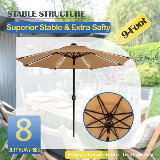 9FT Outdoor Solar LED Lighted Patio Umbrella with 8 LED Strip Lights & 8 Ribs, Convenient Crank Lift System