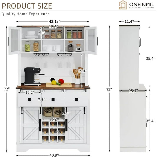 Farmhouse Coffee Bar Cabinet with Storage, Tall Bar Cabinet with 3 Drawers, Wine Bar Cabinet with Sliding Barn Doors