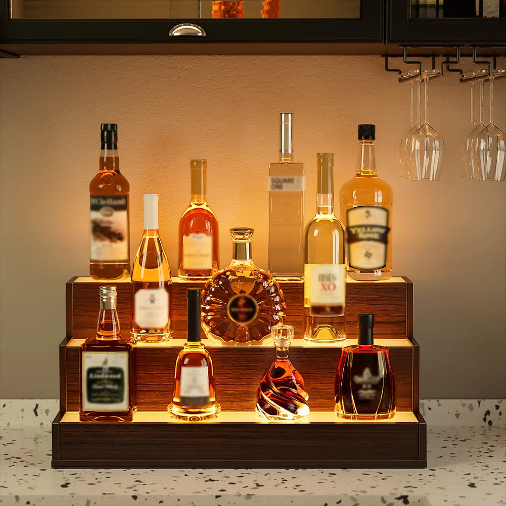 LED Lighted Liquor Shelves Wooden Bottle Display Shelf with App Remote Control For Home Bar Pub Restaurants Party Supplies
