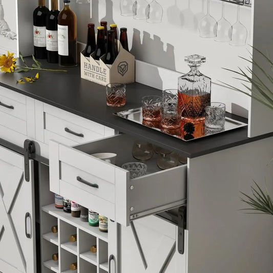 52" Farmhouse Coffee Bar Cabinet with Storage, Wine Bar Cabinet with 9 Glass Holders and 12 Grid Wine Racks, Wood Buffet Cabinet