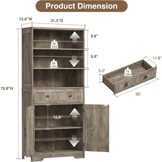 71"H Farmhouse Tall Storage Cabinet, Kitchen Pantry Cabinet with Barn Doors and Adjustable Shelves, Floor Standing Bookshelf 5 T