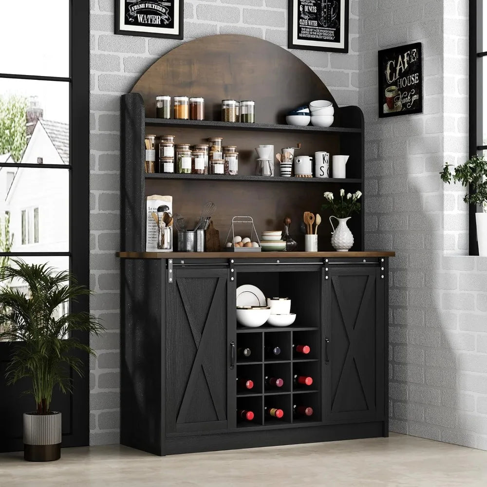 Farmhosue Coffee Bar Cabinet with Open Shelf, 67" Black Coffee Bar with Hutch & Wine Rack, Arched Cabinet with Storage