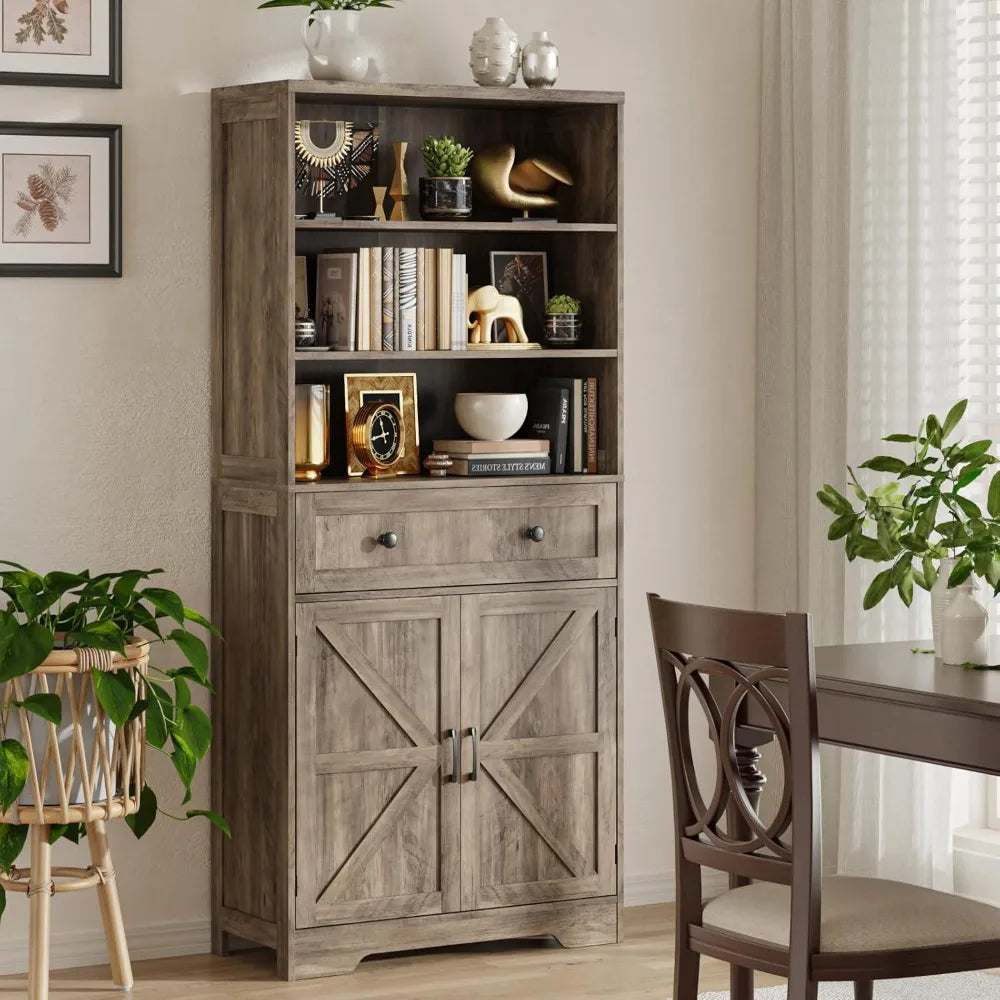 71"H Farmhouse Tall Storage Cabinet, Kitchen Pantry Cabinet with Barn Doors and Adjustable Shelves, Floor Standing Bookshelf 5 T