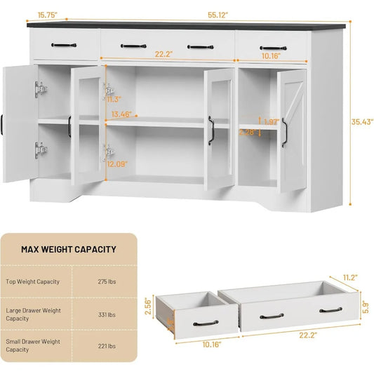 Sideboard Buffet Cabinet with Storage, 55" Kitchen Coffee Bar Cabinet with 3 Drawers & Glass Doors, Farmhouse Sideboard