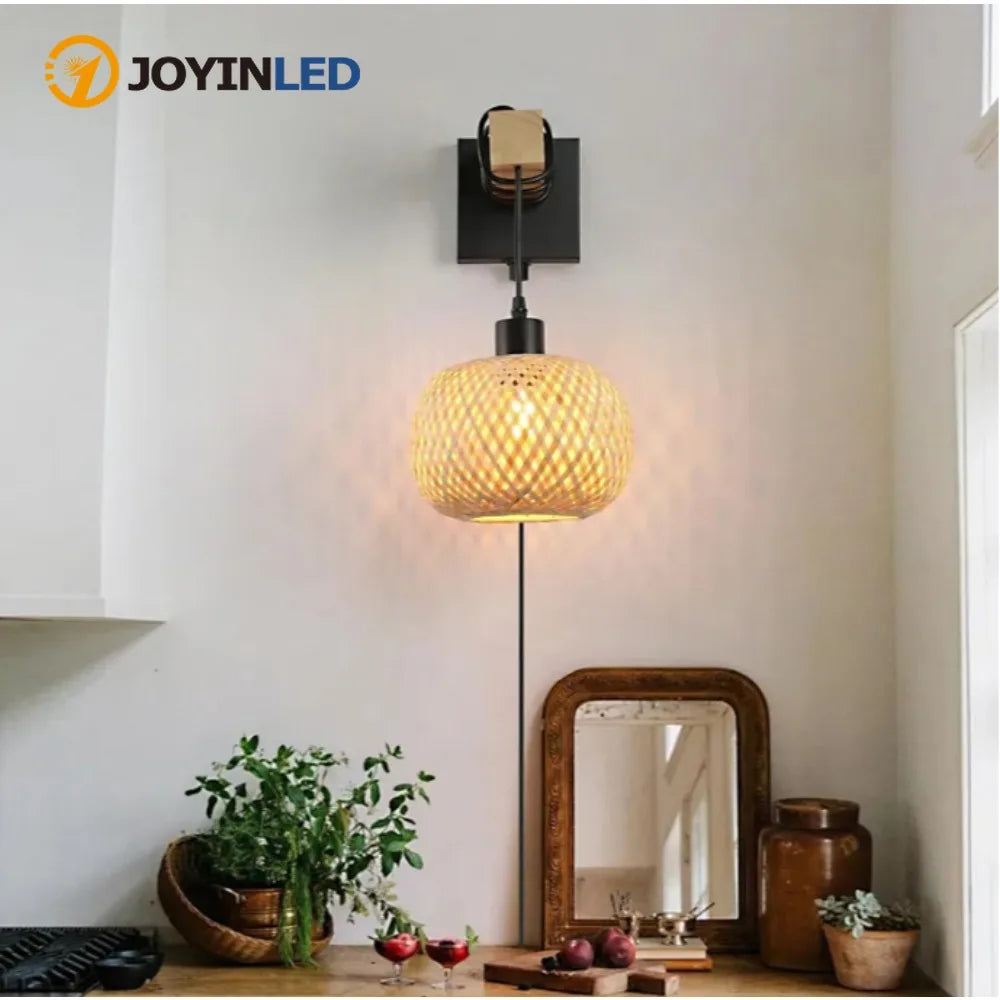 Vintage Hemp Rope Iron Art Chandelier Plug-in Wall Light Mirror Bamboo Rattan Wall Mirrors Home Decor Mirror for Living Room