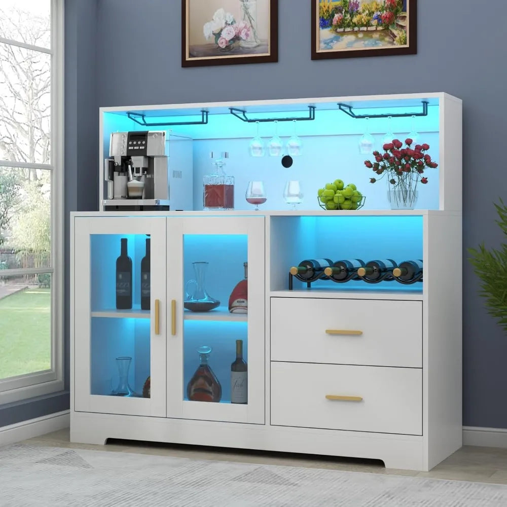 Wine Bar Cabinet with LED Light, Home Coffee Cabinet with Wine and Glass Rack, Kitchen Buffet Sideboard with Storage Cabinet