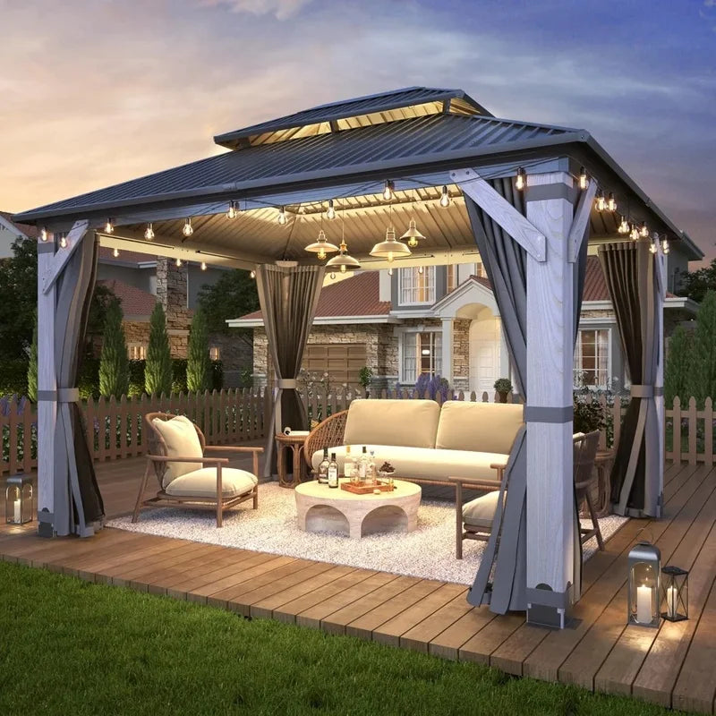 10' x 12' Outdoor Gazebo, Hardtop Pavilion with Double Curtains, Galvanized Steel Roof, Cedar Wood Structure