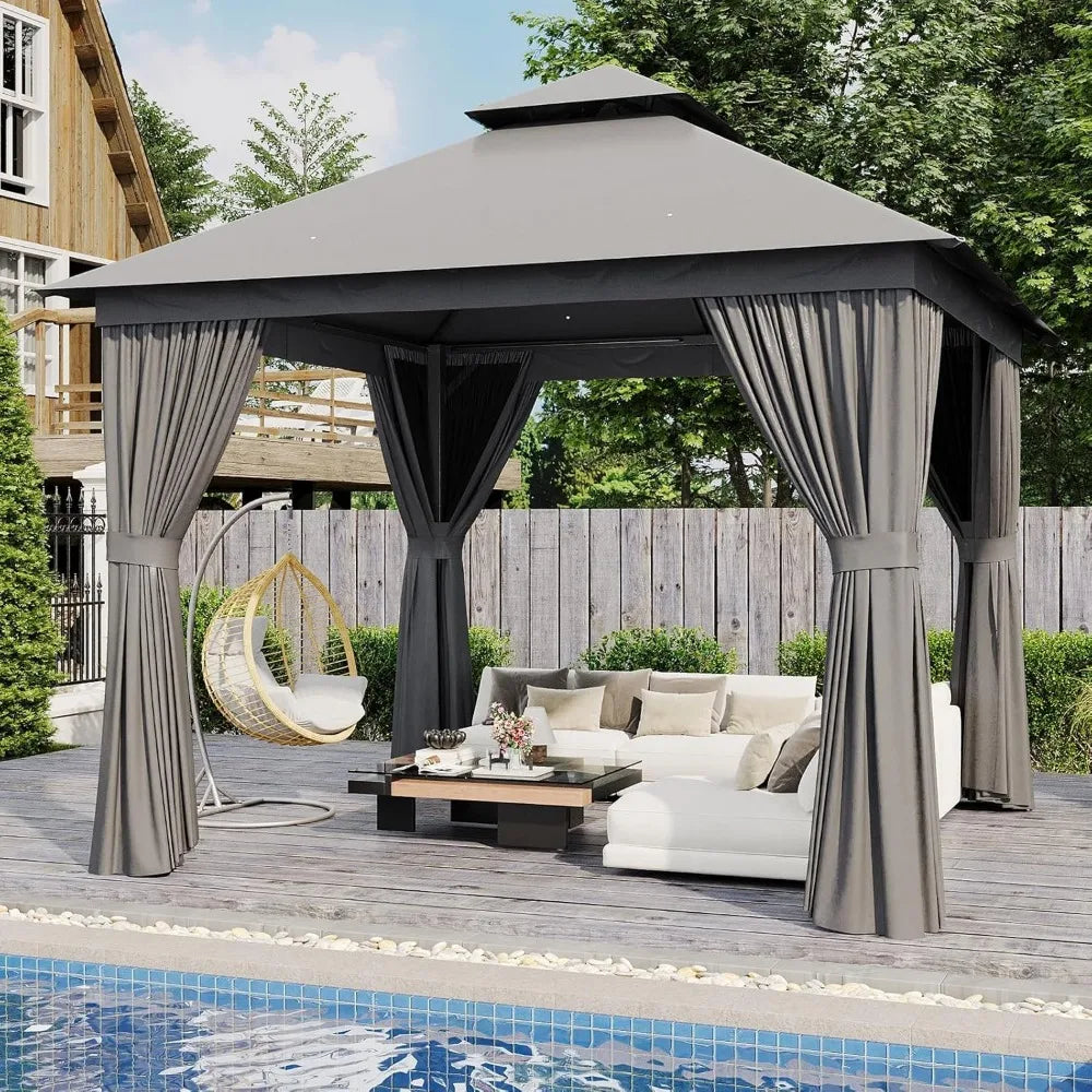 AOXUN Outdoor Gazebo for Patio 10x10, Metal Frame Canopy with Double Roofs, Heavy Duty Party Tent and Shelter with Mosquito Nett