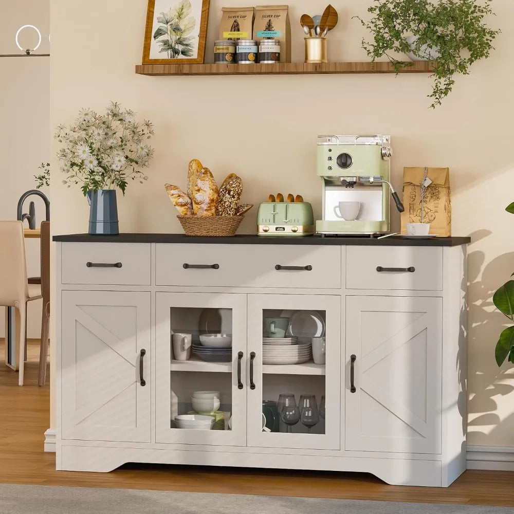 Sideboard Buffet Cabinet with Storage, 55" Kitchen Coffee Bar Cabinet with 3 Drawers & Glass Doors, Farmhouse Sideboard