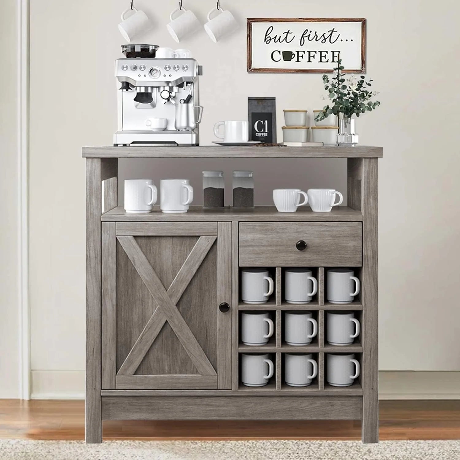 Farmhouse Coffee Bar Cabinet with Storage, 32 inch Coffee Bar Table with Barn Door and 9 Wine Racks, Coffee Bar Accessories