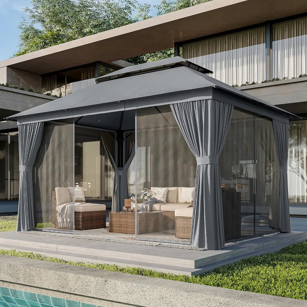 AOXUN Outdoor Gazebo for Patio 10x13, Metal Frame Canopy with Double Roofs, Heavy Duty Party Tent and Shelter with Mosquito Nett