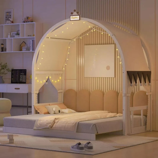 Floor Bed with Light and Curtain Twin To 2 Twin, Wood House Montessori Bed Frame with Arched Roof and Trundle, Kids Beds