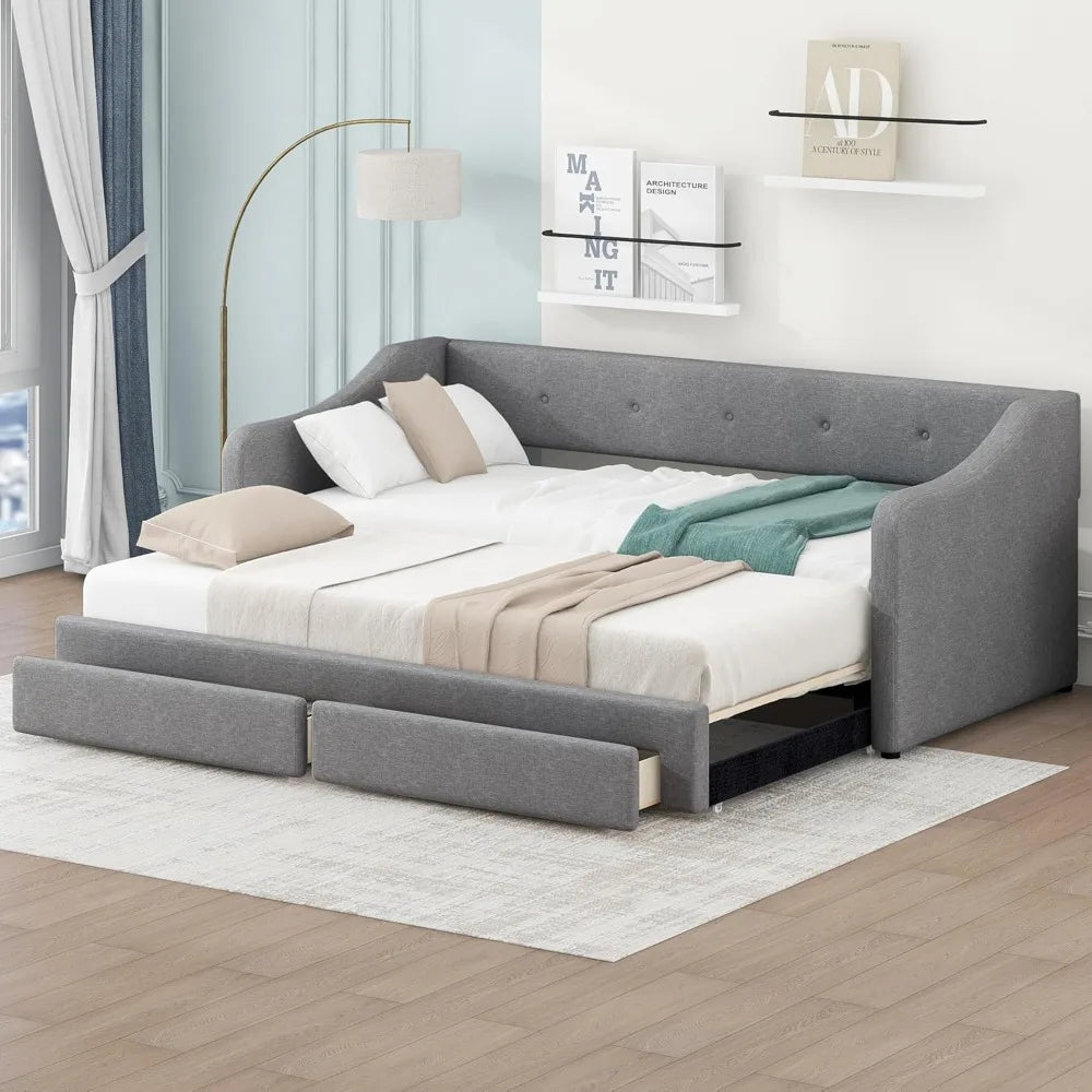 Twin XL to King Size Upholstered Daybed with Two Drawers, Linen Sofabed for Kids Adults Bedroom,No Box-Spring Needed