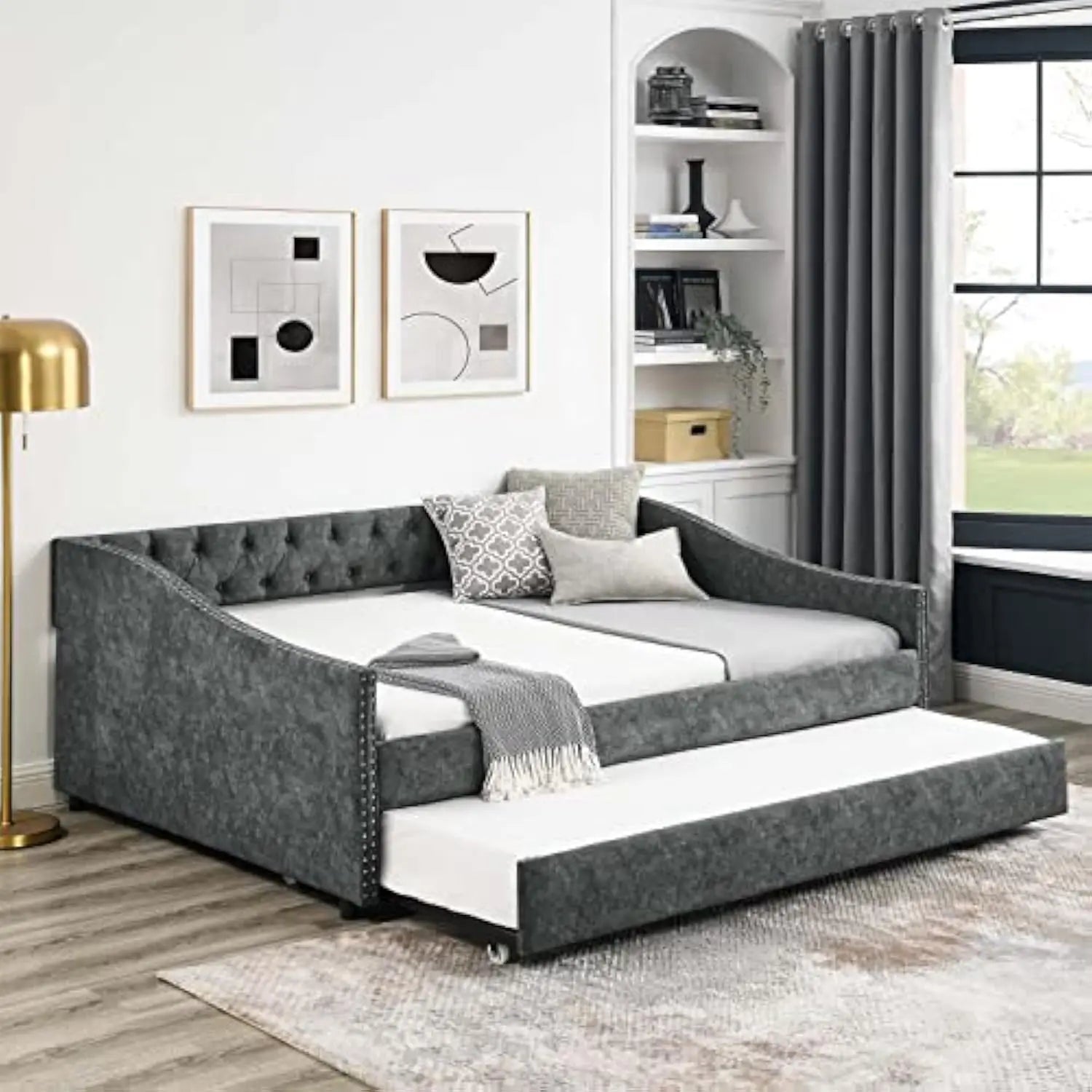 Daybed with Trundle, Modern Linen Upholstered Full Size Day Bed Button-Tufted Sofa Daybed Frame and A Trundle, No Box Spring N