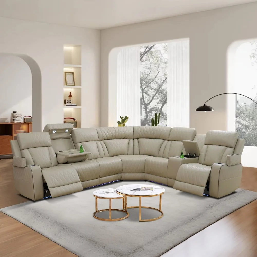 Power Reclining Sectional Sofa, Living Room Furniture Set with USB Chargers and Storage Console, Leather Recliner Sofa