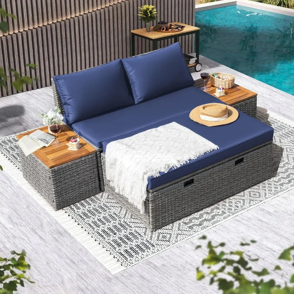 Outdoor Daybed Set Multifunctional Patio Day Bed Rattan Lounge Bed with 2 Side Tables for Backyard Porch Poolside Lawn Beach