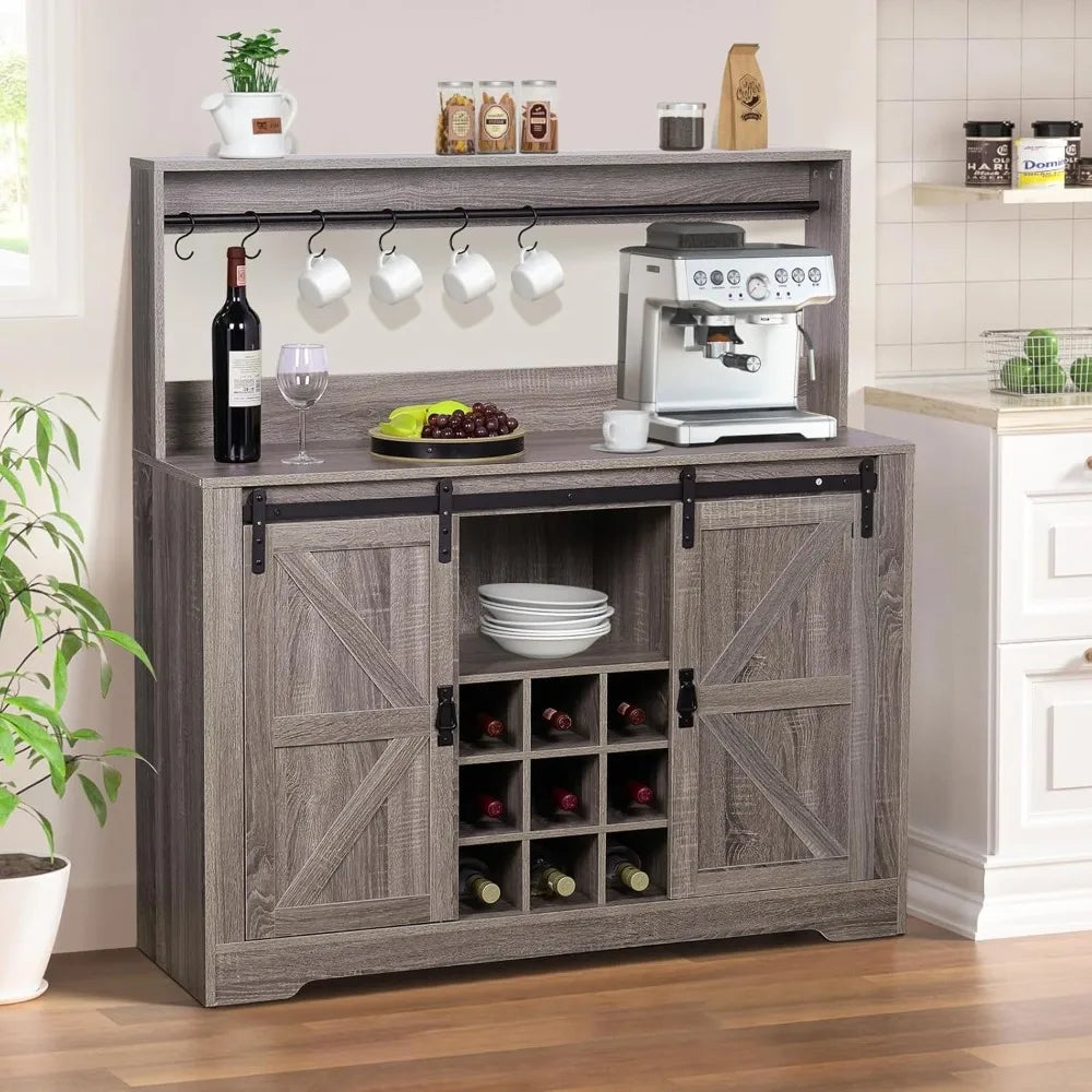 Coffee Bar Cabinet, 47" Farmhouse Kitchen Wine Bar with 6 Hooks, Sliding Barn Door and Adjustable Shelves, Liquor Bar Cabinet w