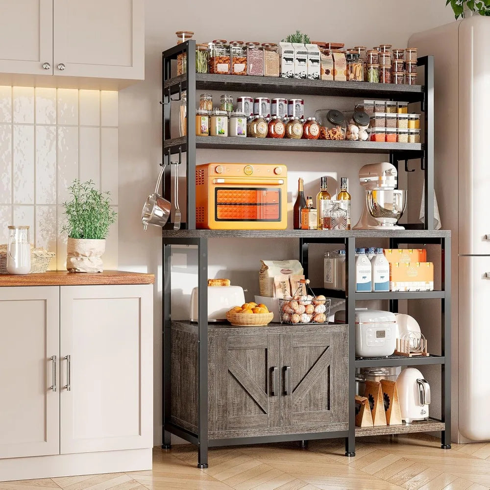 Bakers Rack for Kitchen with Storage, 6 Tier Coffee Bar with Storage Cabinet, Microwave Stand with Large Capacity and Side Hooks