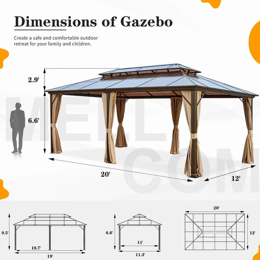 12x20ft Hardtop Gazebo, Polycarbonate Double Roof Aluminum Gazebos, Outdoor Waterproof Pergola with Netting and Curtains for