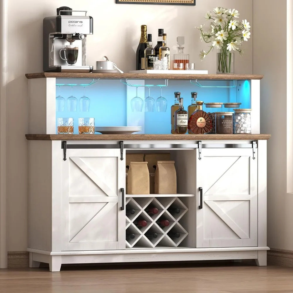 FarmhouseCoffee Bar Cabinet with LEDLights,Buffet Cabinet with Storage&Wine Racks,Home Liquor Cabinet with AdSliding Barn Doors