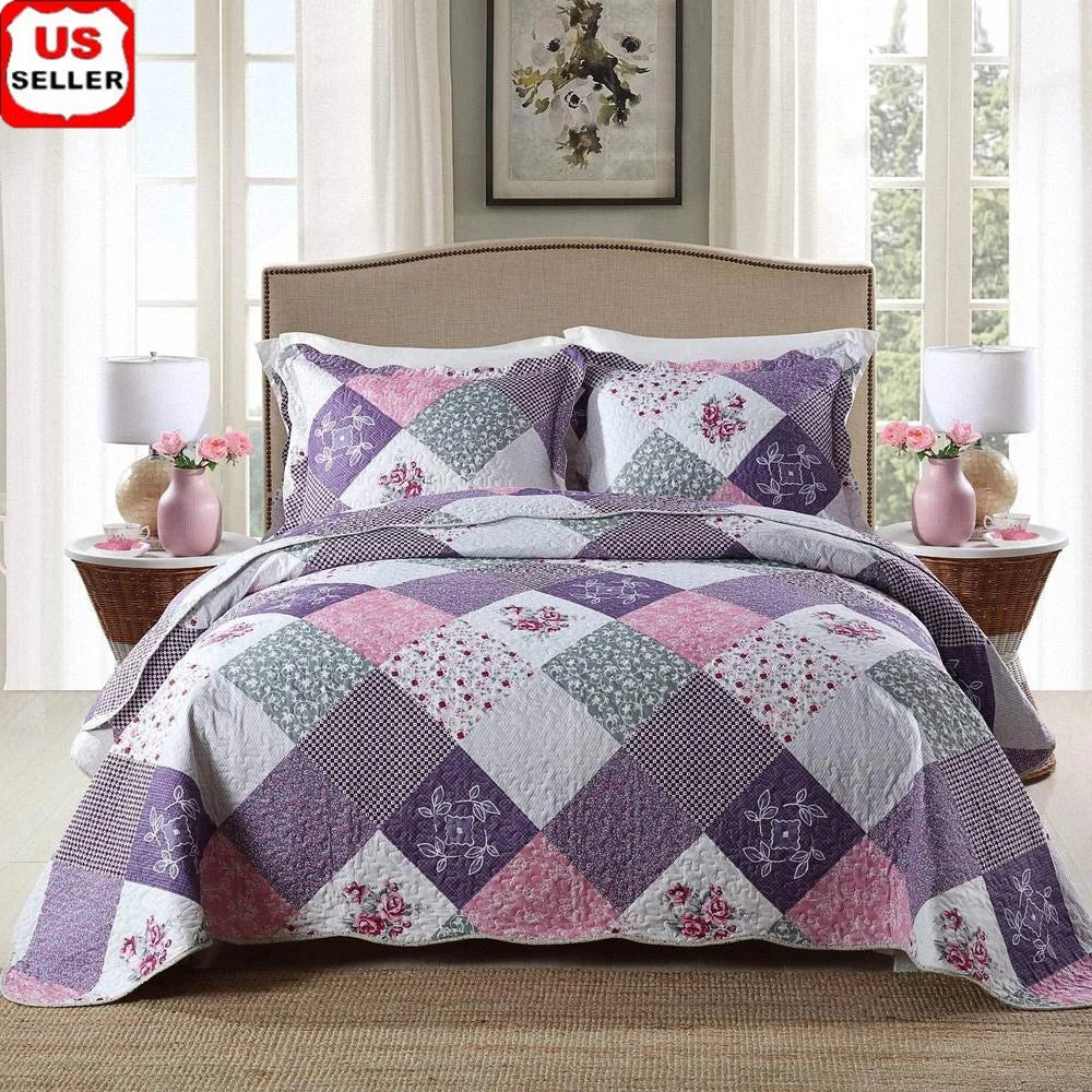 Reversible Microfiber Quilt Set 3 Piece All Season Patchwork Coverlets Floral Bedding Durable Soft Warm Lightweight