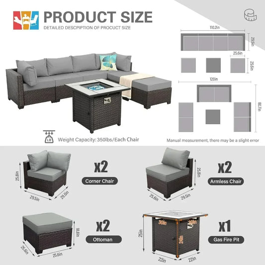 Outdoor Patio Furniture Set 7 Pieces Sectional Sofa with Fire Pit Table, Non-Slip 5" Thick Grey Cushion and Furniture Cover
