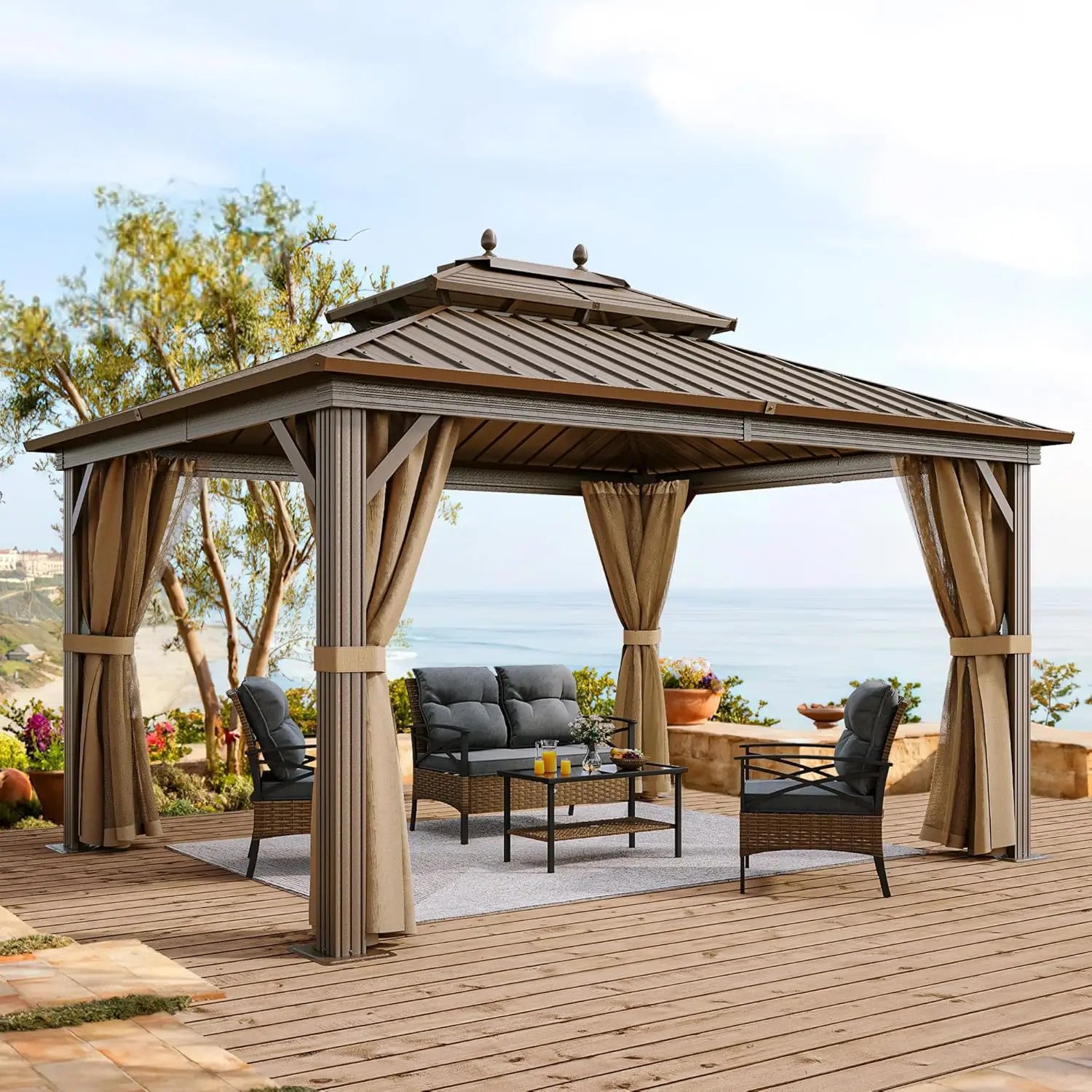 10x12ft Hardtop Gazebo w/ Netting & Curtains, Heavy Duty Galvanized Steel Double Roof, Bronze, for Patio/Backyard/Deck/Lawn