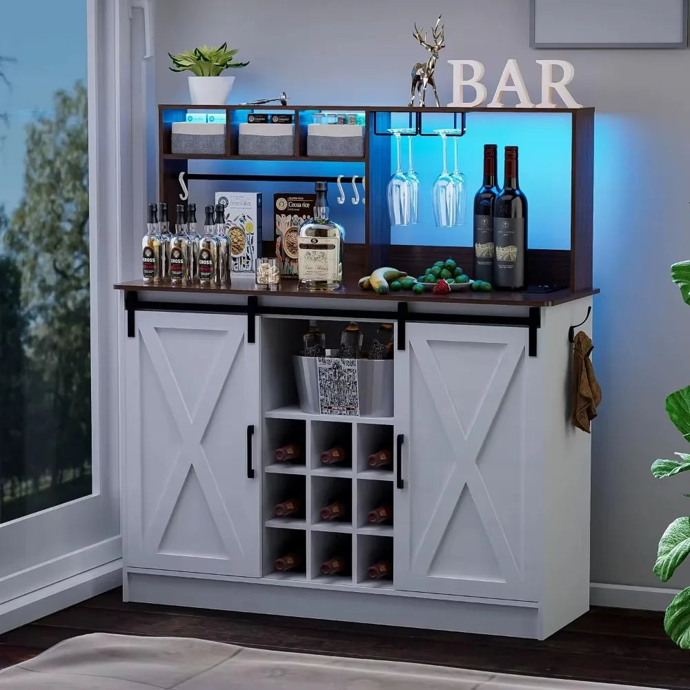 Coffee Bar Cabinet with Adjustable 20-Color LED Lights and 6.5FT Outlet, Kitchen Buffet Storage Cabinet, 47'' Sideboard
