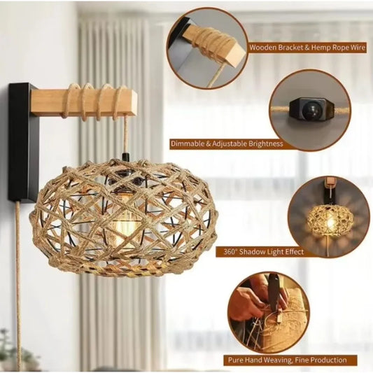 Vintage Hemp Rope Iron Art Chandelier Plug-in Wall Light Mirror Bamboo Rattan Wall Mirrors Home Decor Mirror for Living Room
