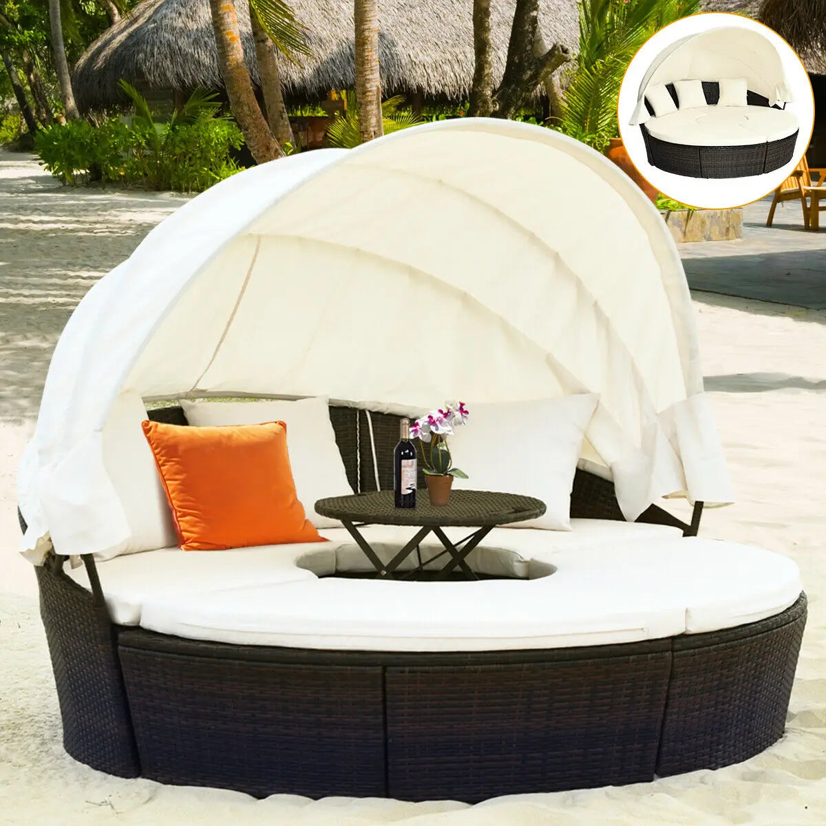 Patio Rattan Daybed Cushioned Sofa Adjustable Table Top Canopy 3 Pillows