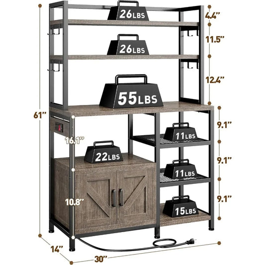 Bakers Rack with Power Outlet, 6-Tier Microwave Stand with Storage Cabinet, Farmhouse Kitchen Coffee Bar with Side Hooks
