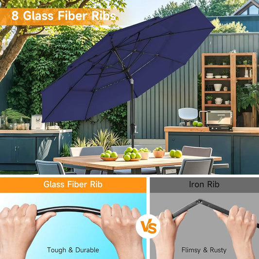 10 Ft Patio Umbrella, 3 Tier Outdoor Table Umbrella With 8 Sturdy Glass Fiber Ribs And Push Button Tilt, Outdoor Patio