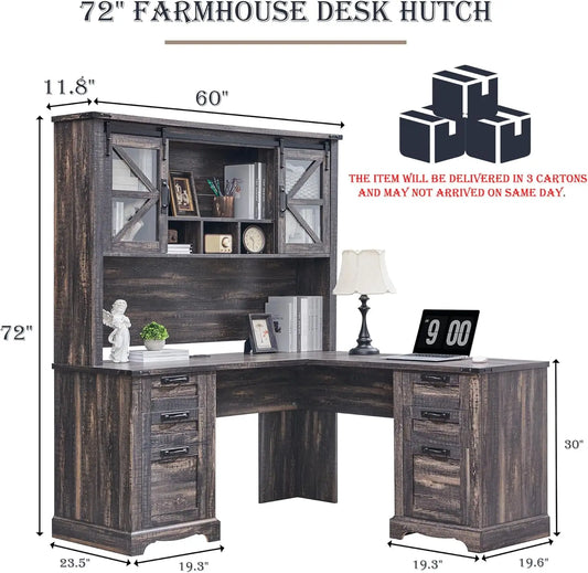 RedLemon 60" Farmhouse L Shaped Desk with Hutch Wood Home Office Executive Desk with Drawer Charging Station File Drawer
